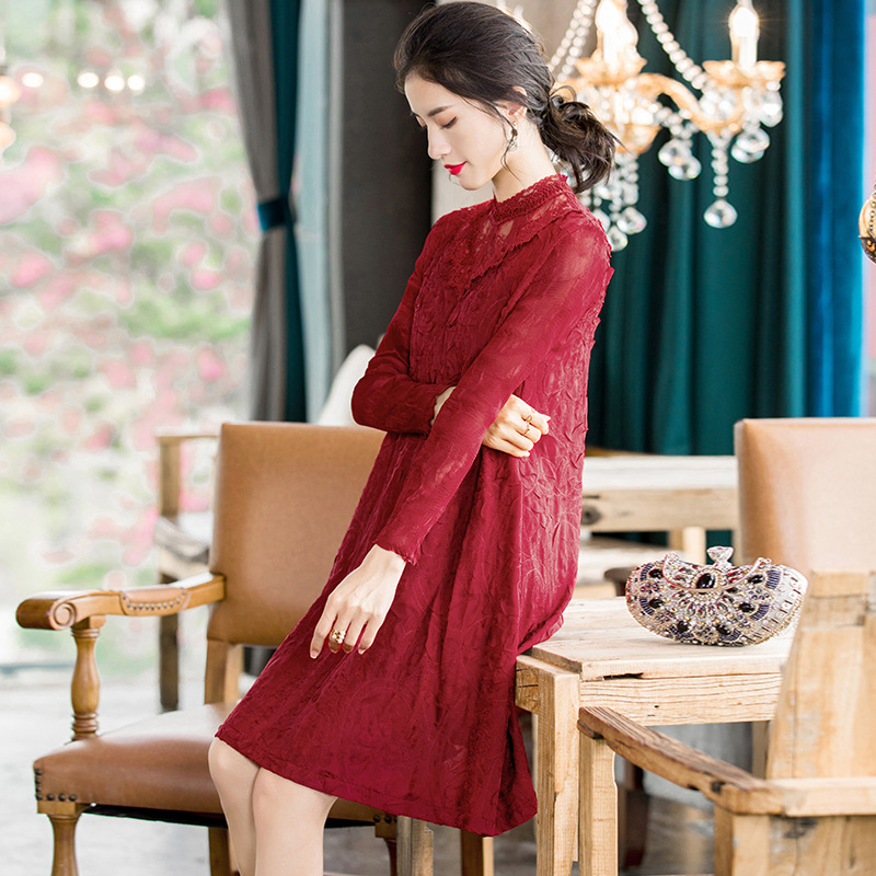 Lace Panel Long Sleeve Dress 2020 Spring New Women's Loose Large Pleated Embroidered A-line Dress