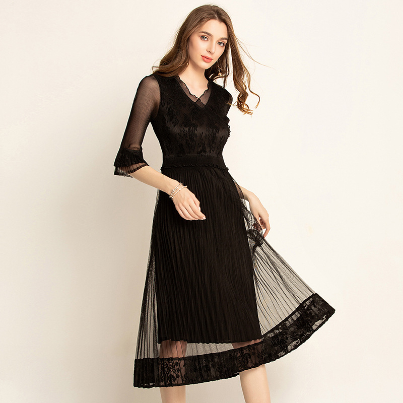 Wrinkle 2019 New Dress Crossed V-collar Mesh Lace Elegant Dresses