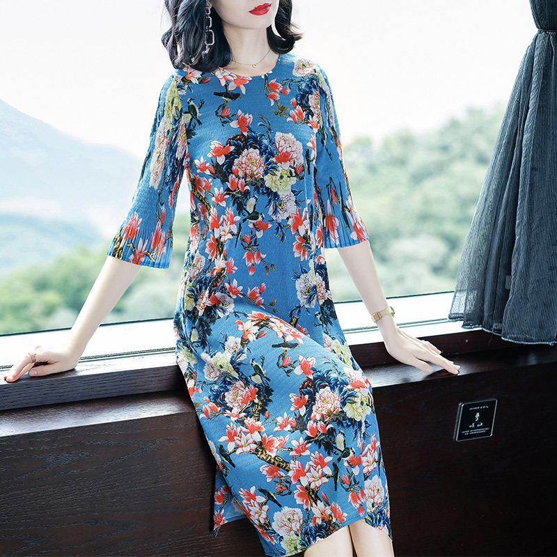 Spring New Women Pleated Fashion New Print Long Loose Big Size Dresses