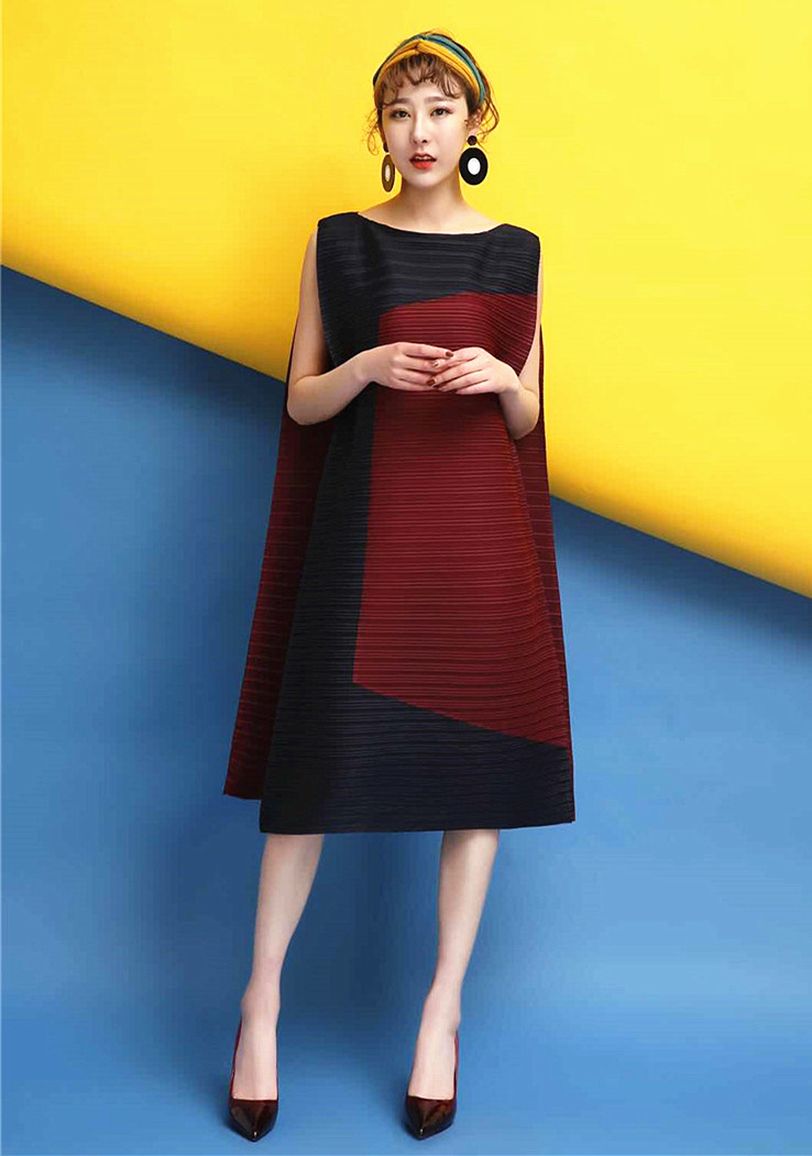 Women Pleated Lady Loose Patchwork Sleeveless Draped Knee-length Casual Dress