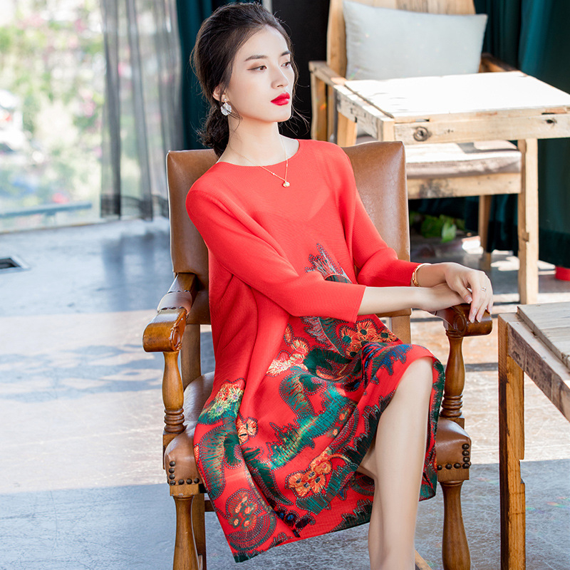 Women Fashionable Foreign Air Printing Loose Large Pleated Dress New Dress In Spring 2020