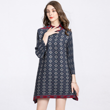 Autumn Fashionable High Collar Plaid Floral Dress Pleated Women Loose Dress