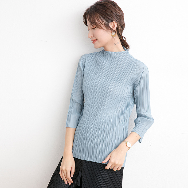Women Pleated Tops Basic Versatile Half High Collar Loose Three Quarter Sleeve T-shirt