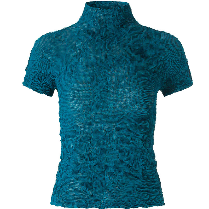 Pleated Spring Summer High Collar Short Sleeve T-shirt Fashion Casual Top Women's Shirts