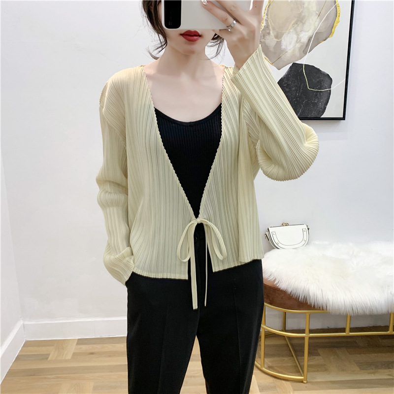 Autumn Pleated Cardigan Tie Jacket Top Long Sleeve Coat