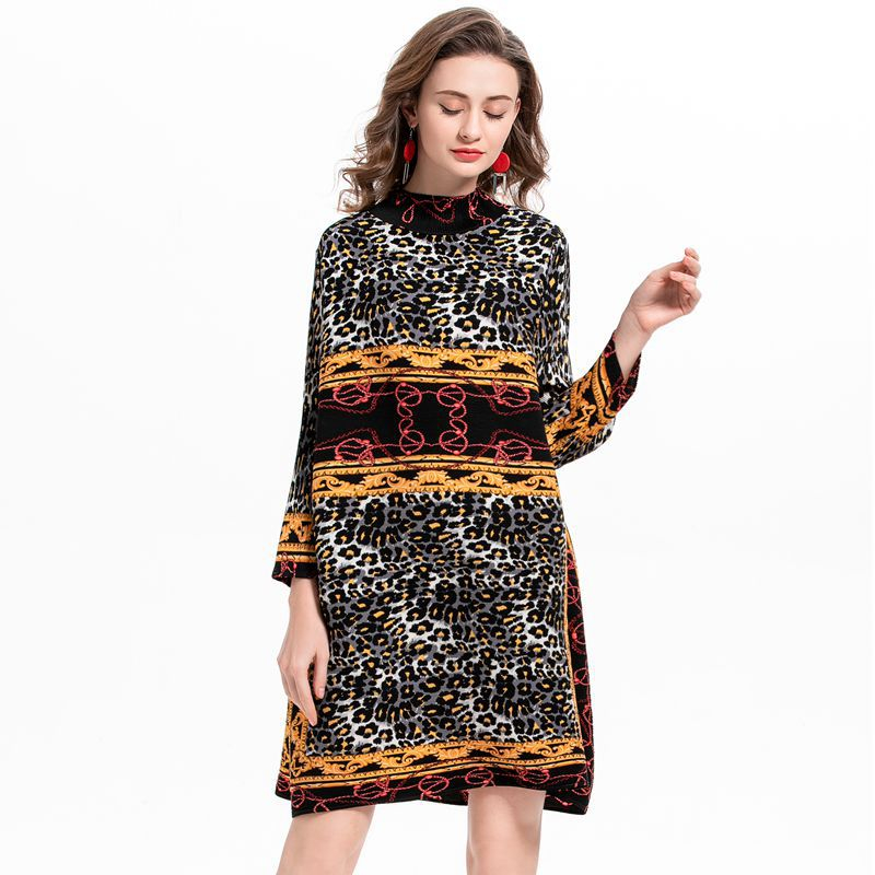 High Neck Leopard Print Women Pleated Tidal Loose Big Size Dress
