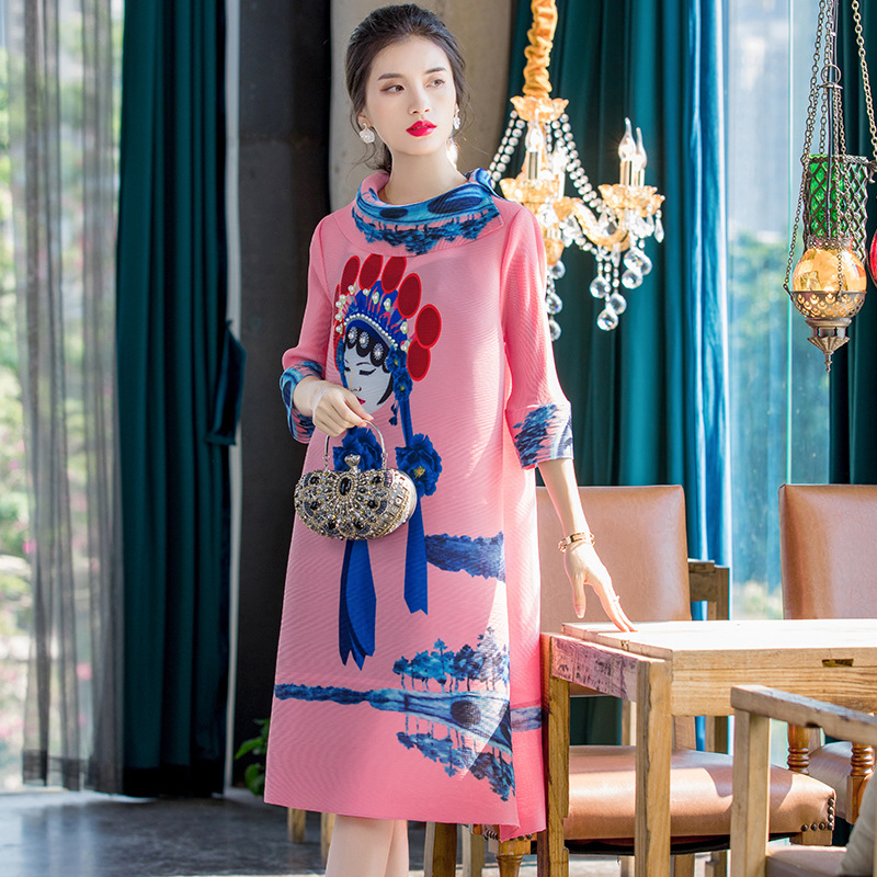 Spring 2020 Large Size Face Print Style Dress New Women's Loose Air Pleated A-line Dress