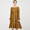 2020 Spring New Square Collar Design Golden Yellow Dress Lace Up Waist Petal Cuffs A-line Dress