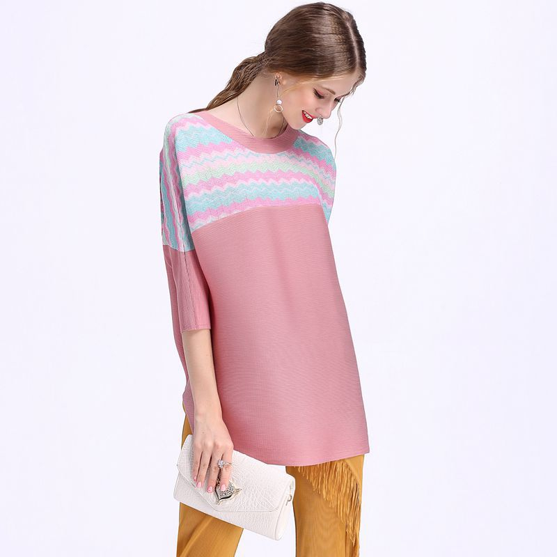 Europ And America Women Fashion New Pleats Printing Short Sleeve Lady Pullover Shirts