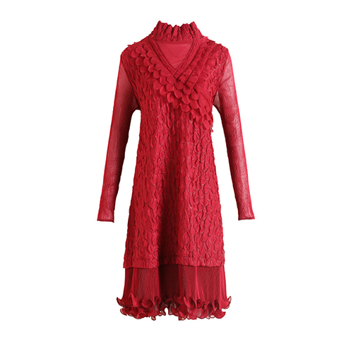 Autumn And Winter Red French Embroidered Dress For Women's High End Plus Size A-line Long Sleeve Pleated Dress
