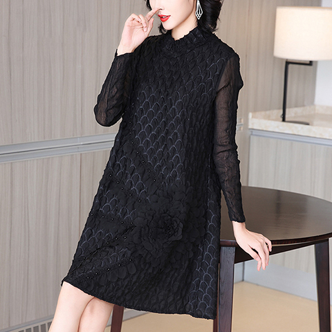High End Temperament Black Long Sleeve Dress Women's Autumn And Winter New Plus Size Pleated Dress