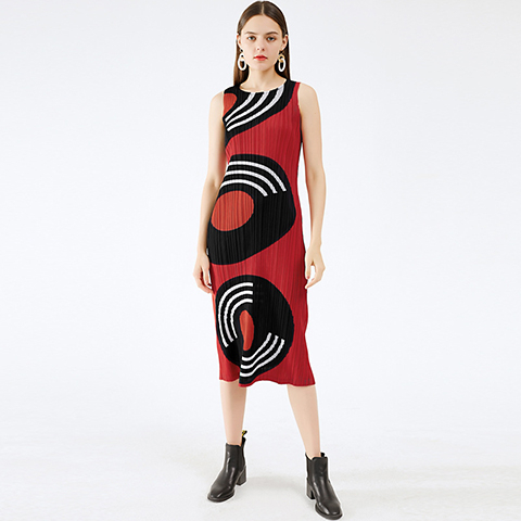 Women's New Style Spring And Summer 2020 Round Neck Mid Length Circle Print Slim Dress