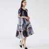 2021 Spring New Print Round Neck Medium Sleeve Loose Swing Skirt Pleated Dress