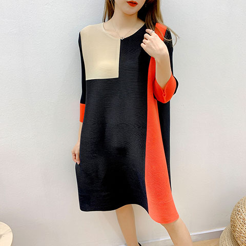 Pleated Loose Dress 2021 Spring And Summer New Foreign Style Color Matching Large Size Slim Medium Length Dress