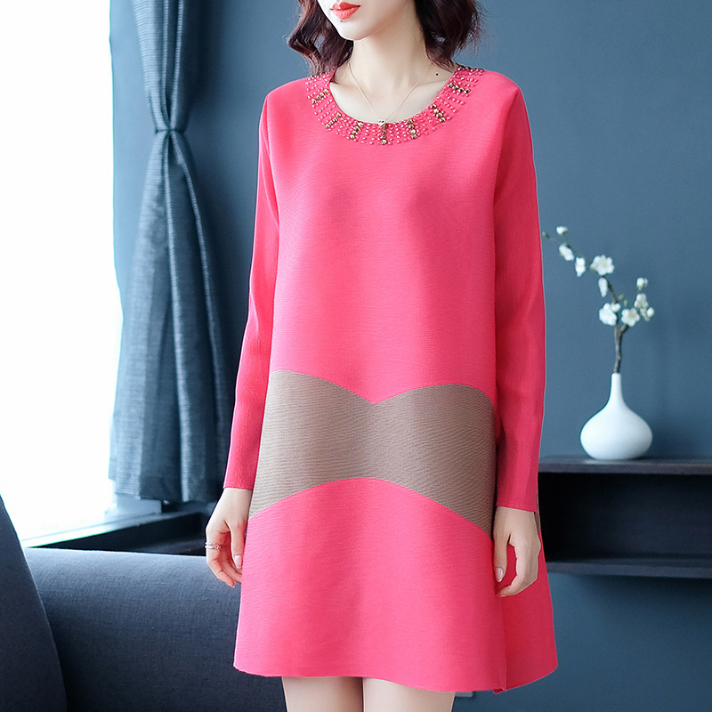 Women Pleated Casual Office Lady Loose Beading Knee-length O-neck Autumn Dresses