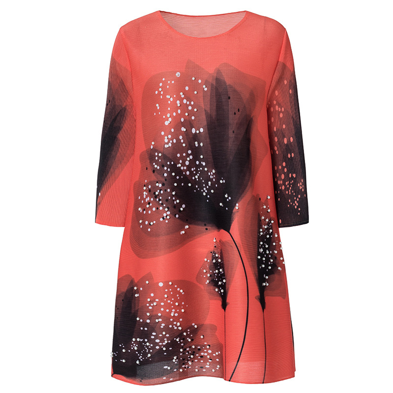 Pleated Spring New Women's Fashion Printed Loose Large Size Retro Nail Pearl Dresses