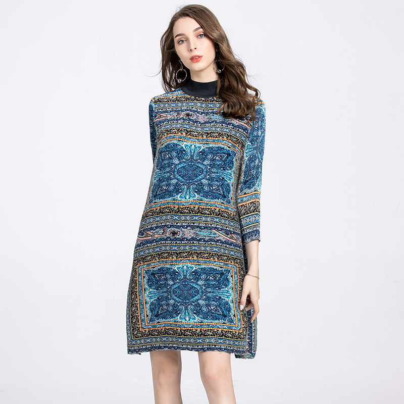 Autumn Women Pleated New Dress Retro Floral Loose Big Size Dress