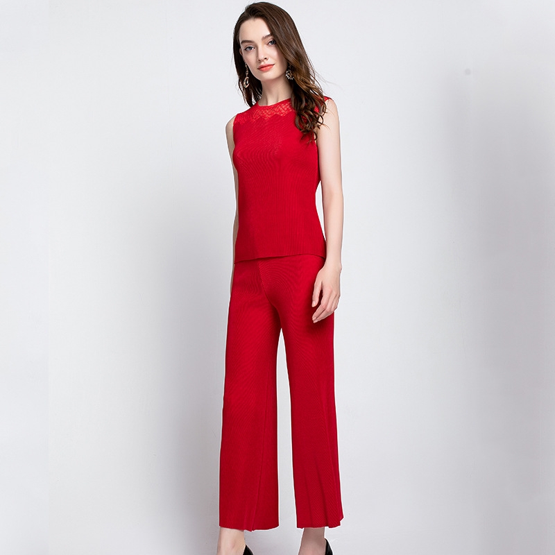 Autumn Women Pleated Fashion Lace Three Pieces Tops Shirts Wide-legged Pants Clothing Sets