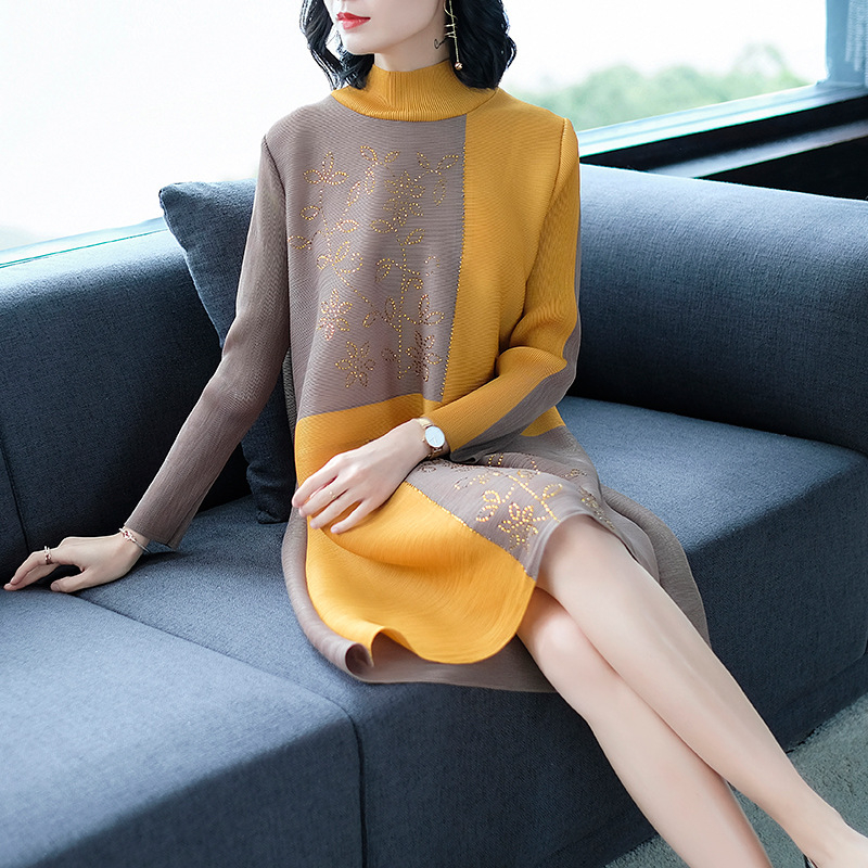 Women Pleated High Collar Patchwork Loose Big Size One Piece Casual Dress