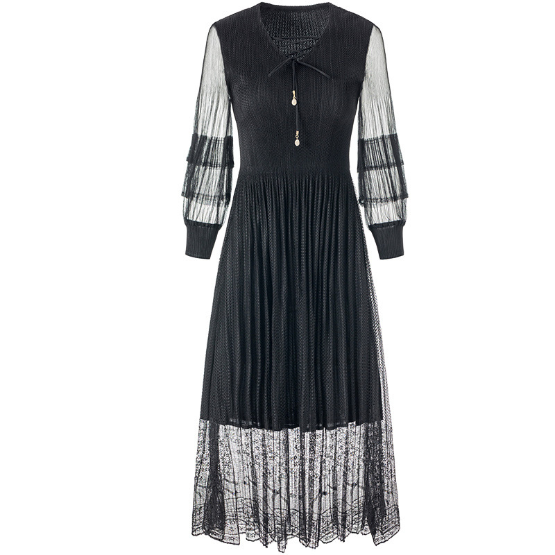 Women Lace Large Dress 2020 Spring New Slim Pleated Long Patchwork Dress