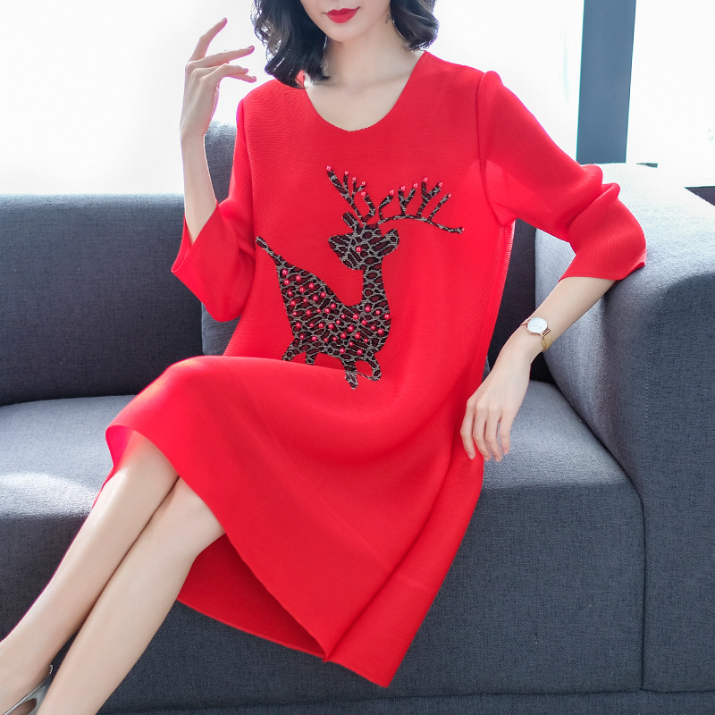 Pleats Large-size Spring Dress Women's Stitching Printing Loose Large-size A-shaped Dress