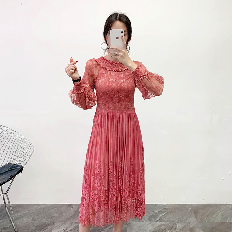 Spring 2020 Women Pleated Dress Large Print Lace Dress