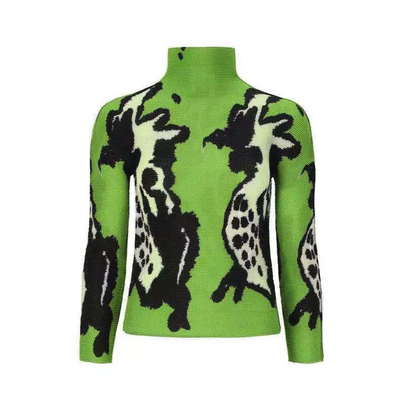 Pleated Top Women's 2020 Spring Women's High Neck Long Sleeve Slim Print T-shirt Bottoming
