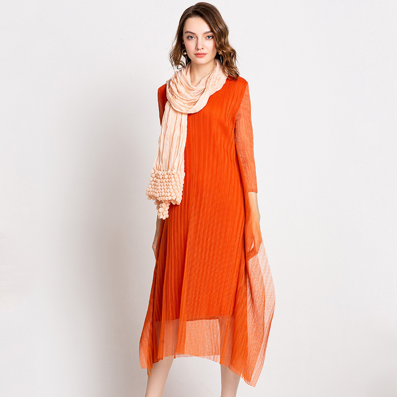 Women Fashion New Pleated Solid Color Lady Elegant Lace Wrinkle Loose One Piece Dress