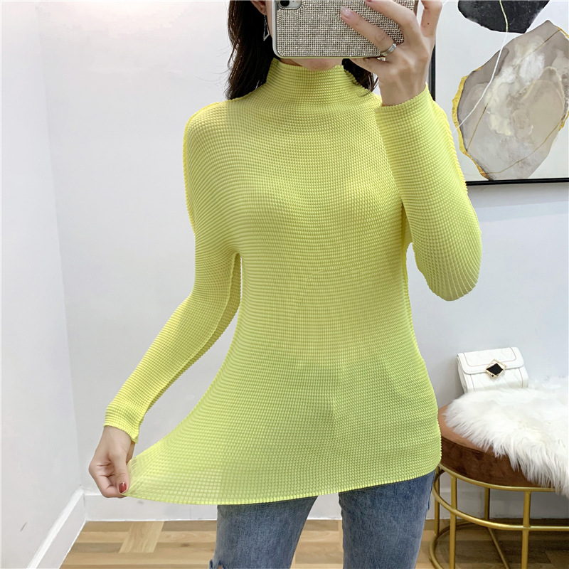 Pleated Women's T-shirt With Long Sleeves High Collar Fashion New Tidal Pullover Tops