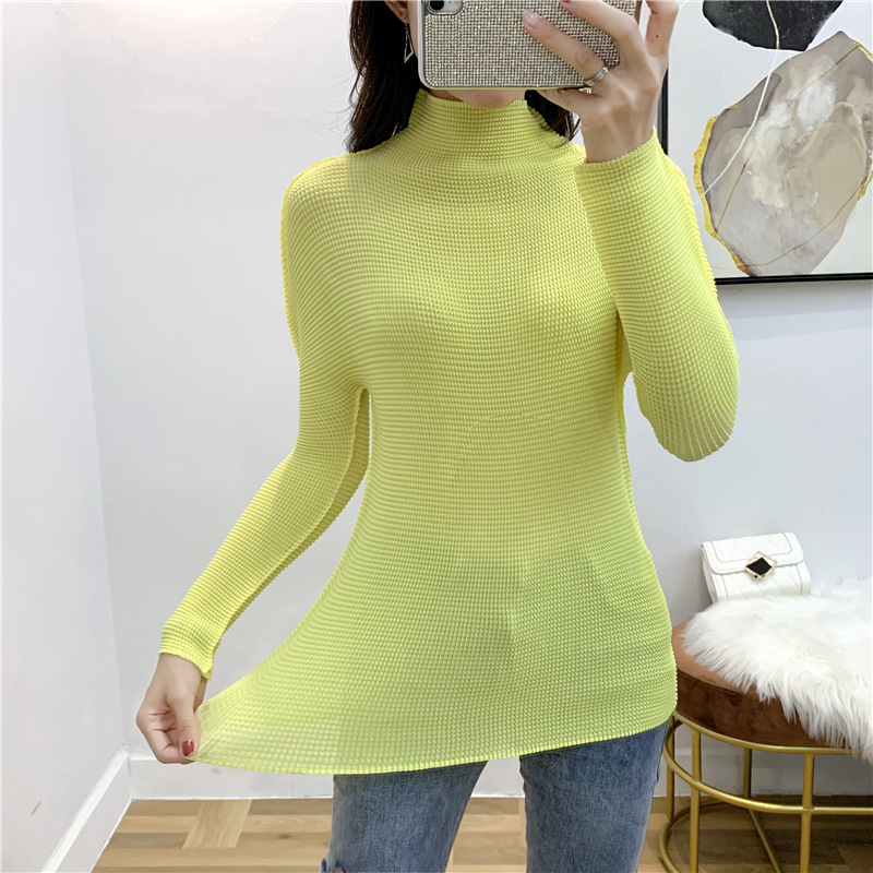 Pleated Women's T-shirt With Long Sleeves High Collar Fashion New Tidal Pullover Tops