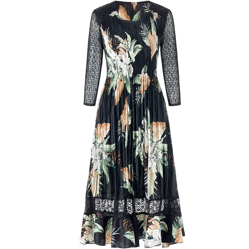 Fashionable Slim Fit Print Dress 2020 Spring New Women's Large Pleated Dress