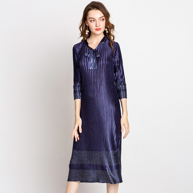 2018 New Arrival Women Pleated Office Lady Elegant A-line Solid Three Quarter Sleeves Bow Mid-calf Autumn Dresses