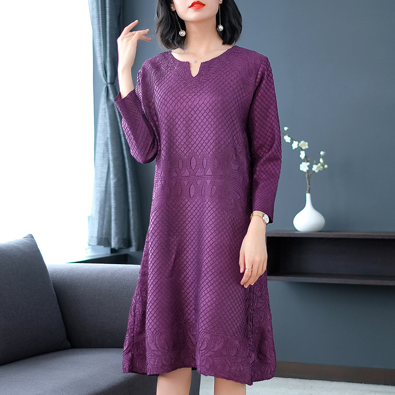 Women Autumn Fashion New Solid Color Loose Free Size Lady Elegant Crinkled Embroidered Popular One Piece Dress