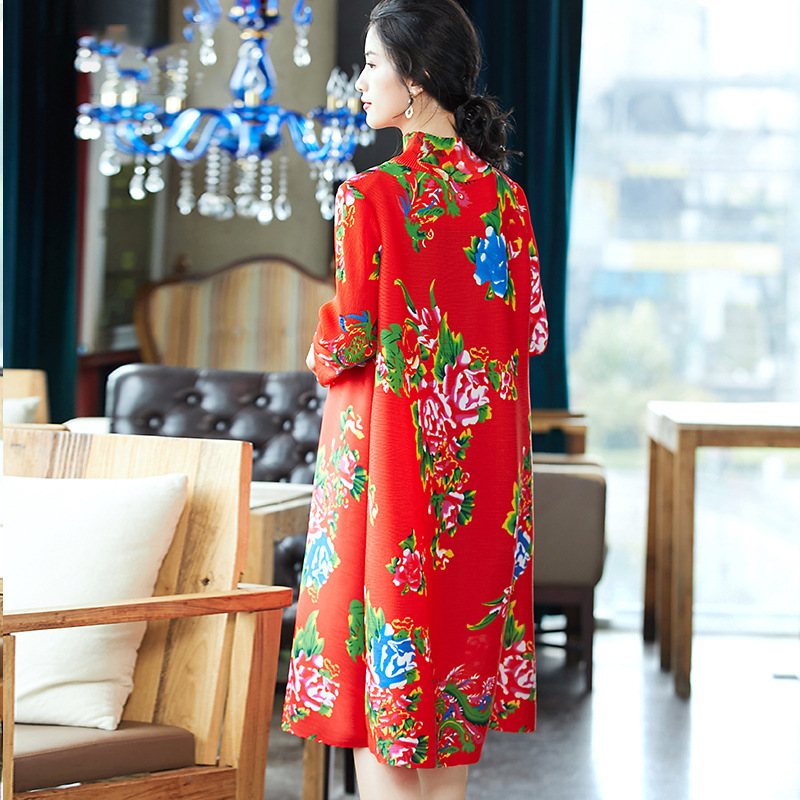 Printed Large Dress New Red Loose Pleated Chinese A-line Dress In Early Spring 2020