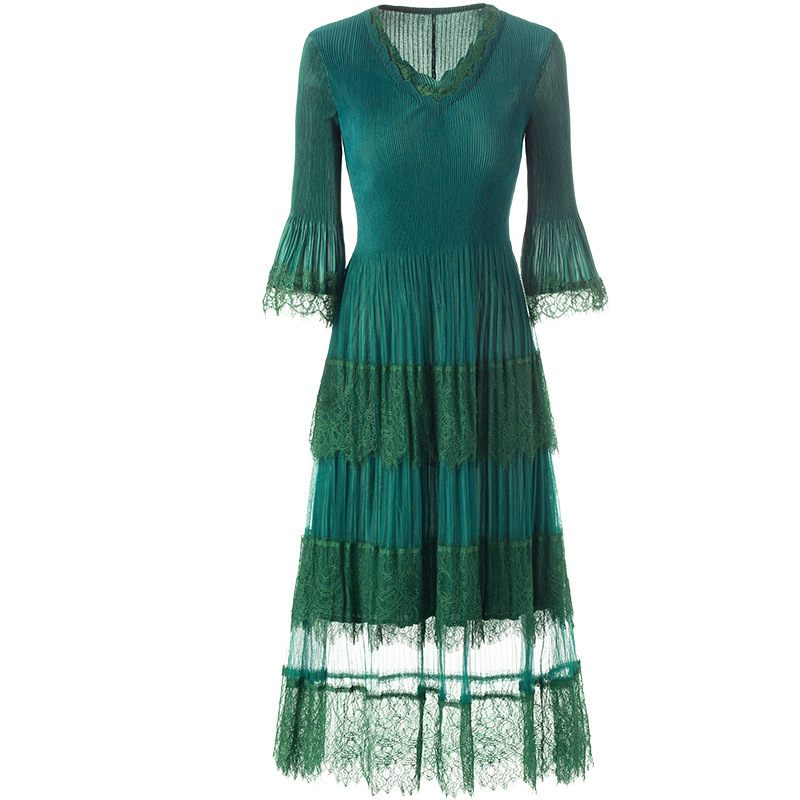 Women Pleated Slim Large Lace Dress 2020 Spring New Mesh Patchwork Dress