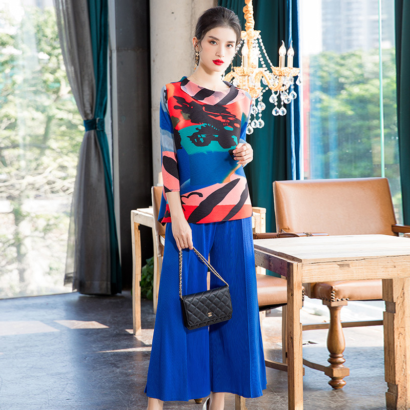 Women Pleated Two Pieces Clothing Set Spring 2020 New Print T-shirt Loose Big Wide Leg Pants
