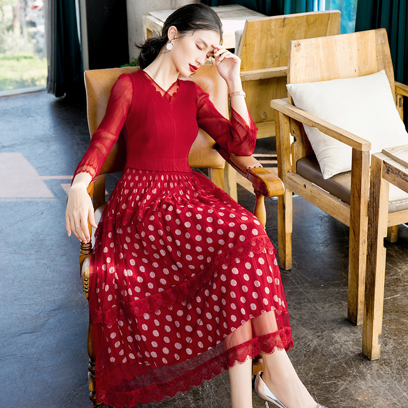 Fashionable Dot Print Pleated Dress 2020 Spring New Style Pleated Dress
