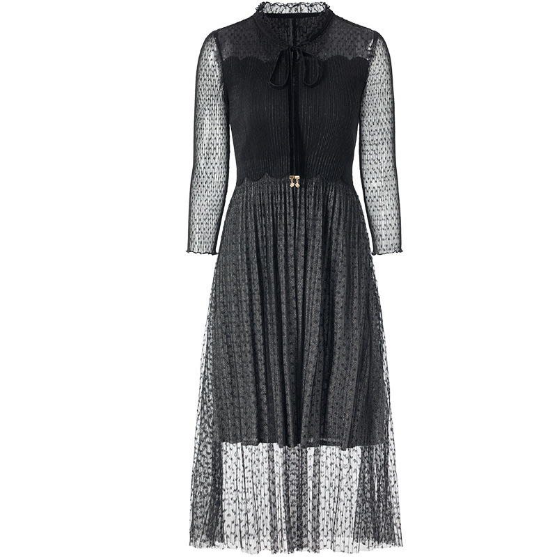 Fashion New Large Size Dress 2020 Spring New Mesh Patchwork Pleated Dress
