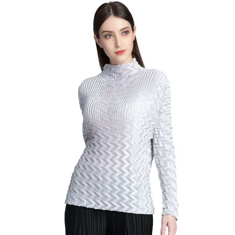New Arrival Women Pleated Office Lady Solid Turtle Neck Regular Blouses Pullover Shirts
