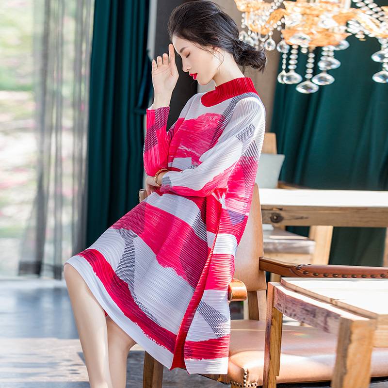 Spring New 2020 Women's A-line Dress Striped Print Loose Pleated Dress
