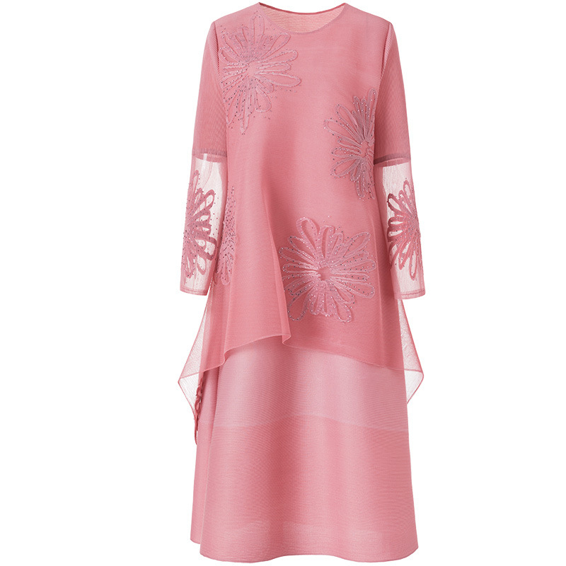 Fake Two Piece Embroidered Beaded Large Pleated Dress 2020 Spring New Loose Dress