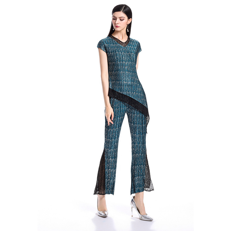 Women Summer Fashion New Elegant Lady High Quality Pleats Pullover Shirts Trousers Clothing Sets