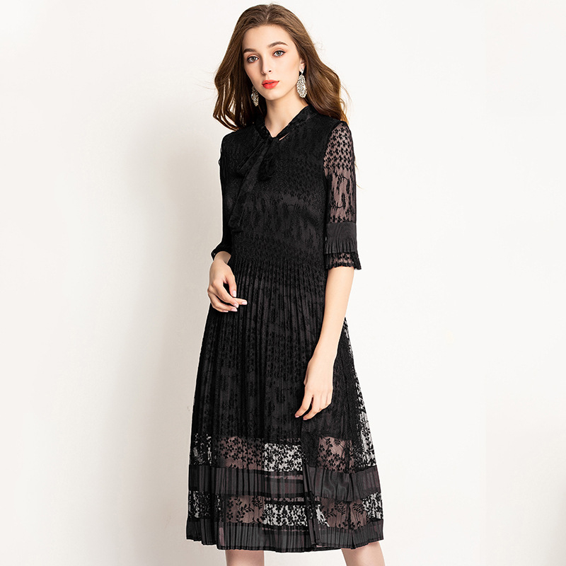 Spring Autumn Women Pleated Fashion New Tidal Lace Elegant Women Dresses