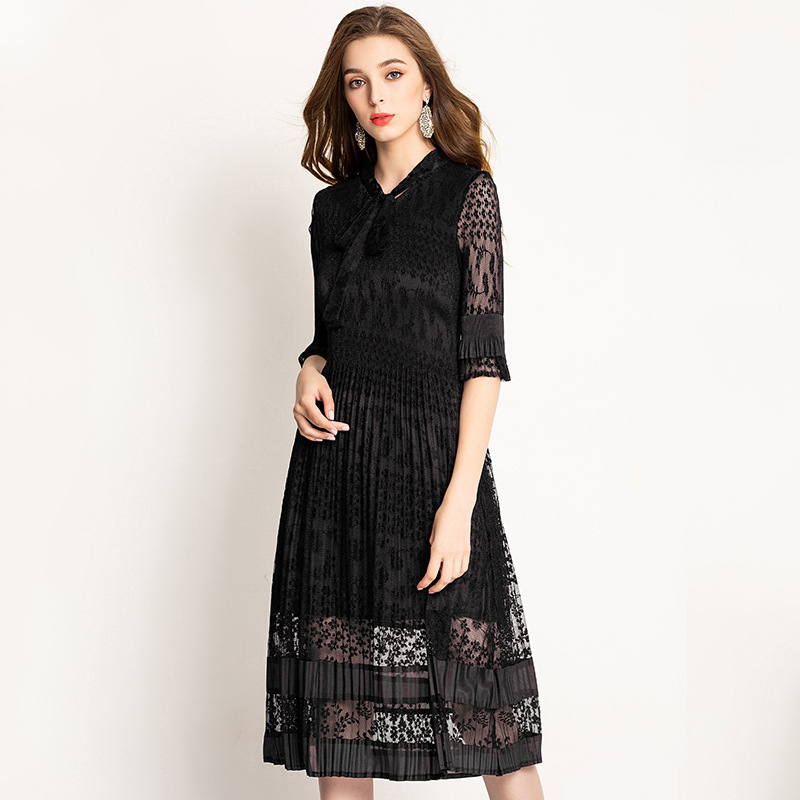 Spring Autumn Women Pleated Fashion New Tidal Lace Elegant Women Dresses