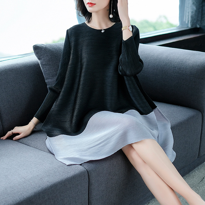 Spring Women Pleated Patchwork Tidal Lady Casual Loose Big Size Long Sleeves Dress