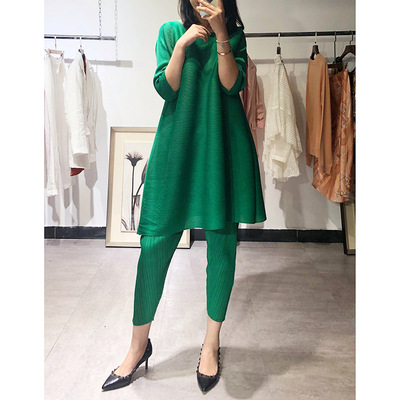 Pleated Two Piece Women's 2020 Spring Summer New Loose Yellow Simple Pleated Suit