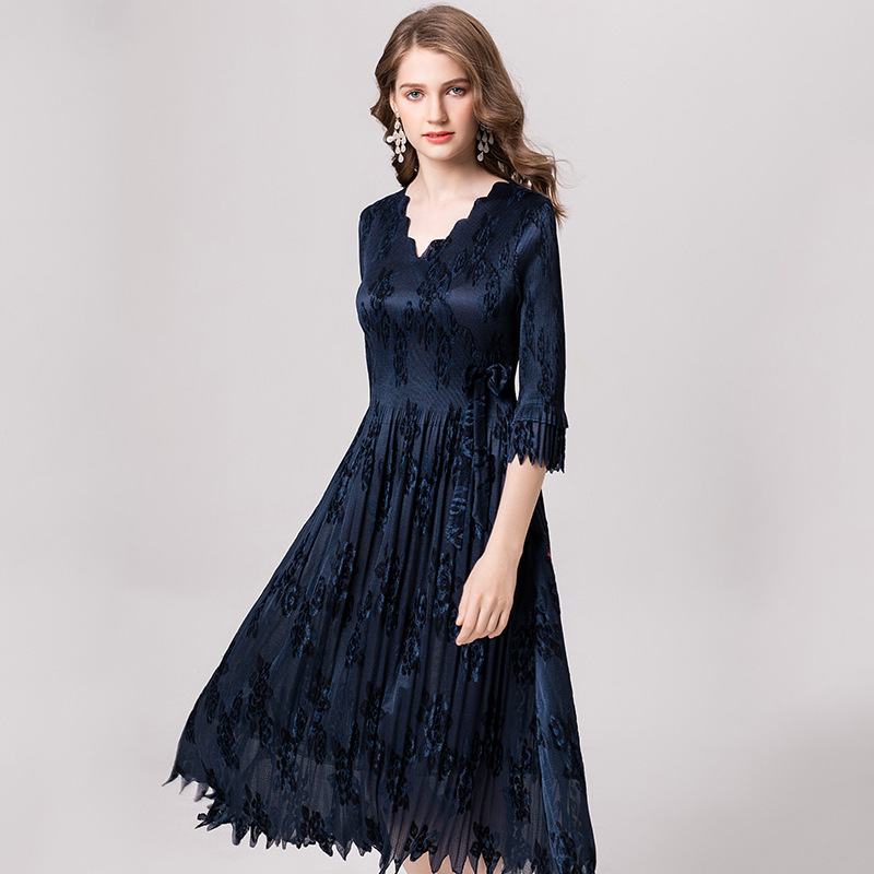 Women Pelated Fashion New Solid Color Lace Lady Elegant High Quality Dress