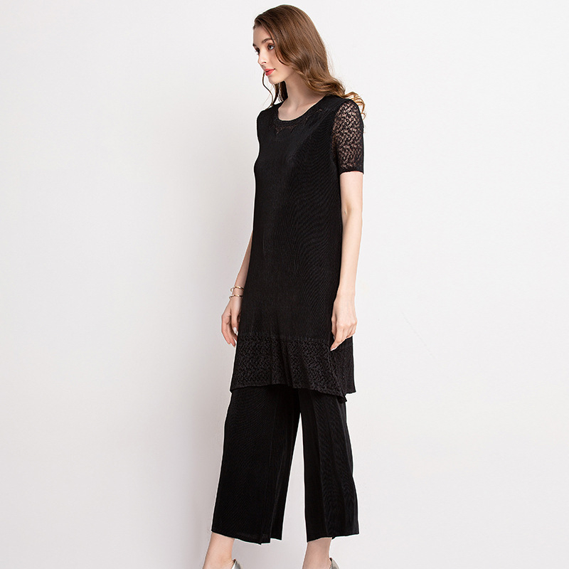 Short-sleeved Lace Suit Loose Big Size Lady Dress Spring Summer Fashion Pleated Dress