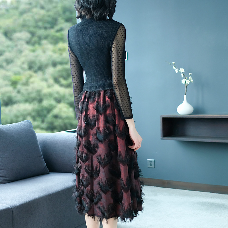 Women Pleated Autumn Dress Fashion Tidal Lace Big Size Elegant Dresses