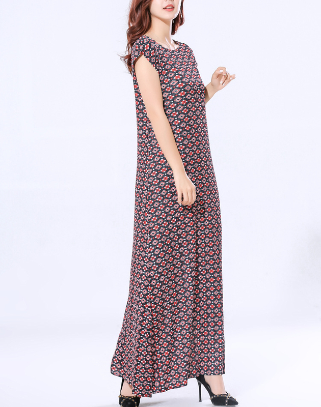 Summer Women Pleated Loose Big Size Long Dress Lady Elegant Short Sleeved Dress